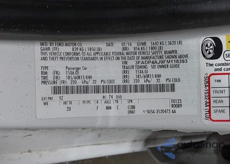 2015 Ford Fiesta S из США, поврежденный, VIN 3FADP4AJ9FM118393